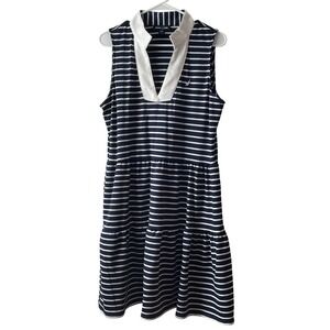 Nautica Jeans Navy White Striped Tiered Collar Dress Women's M Sleeveless V-Neck